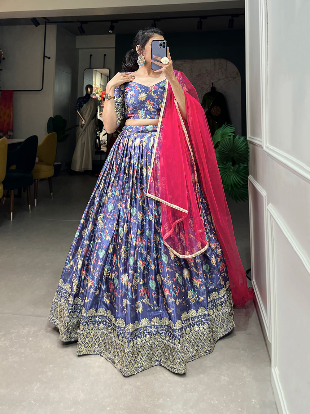 Lorenvalley Lavender Chinon Digital Print with Embroidery Sequins Work Lehenga Choli with Dupatta