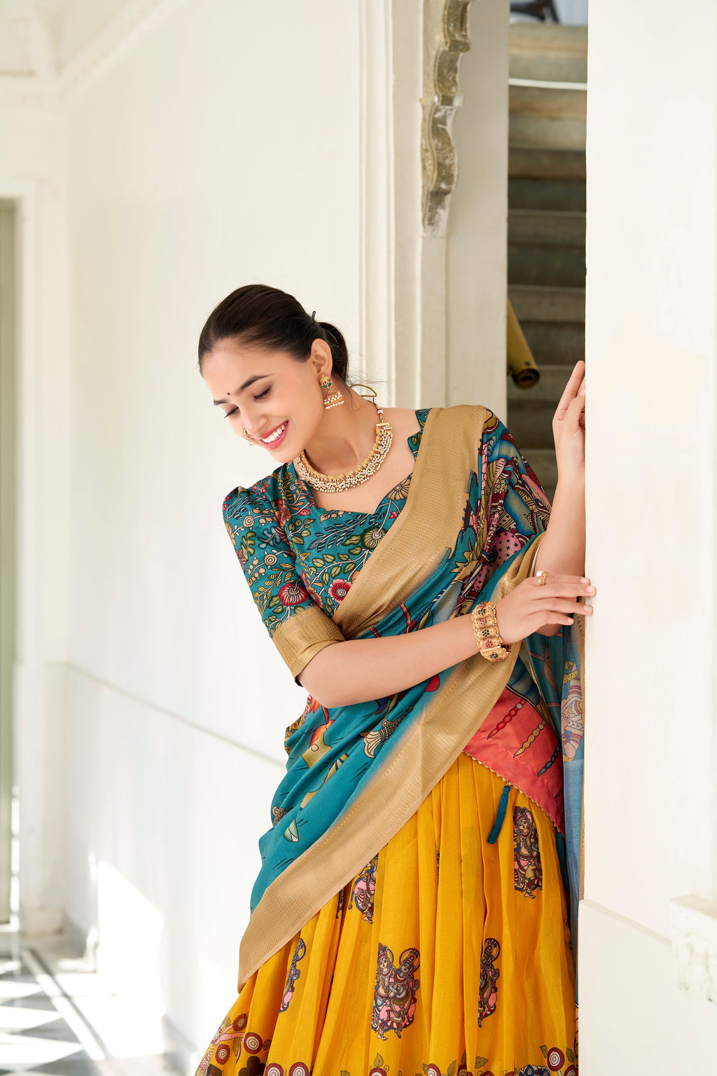 Lorenvalley Yellow Dola Silk Kalamkari Print With Weaving Border Lehenga Choli