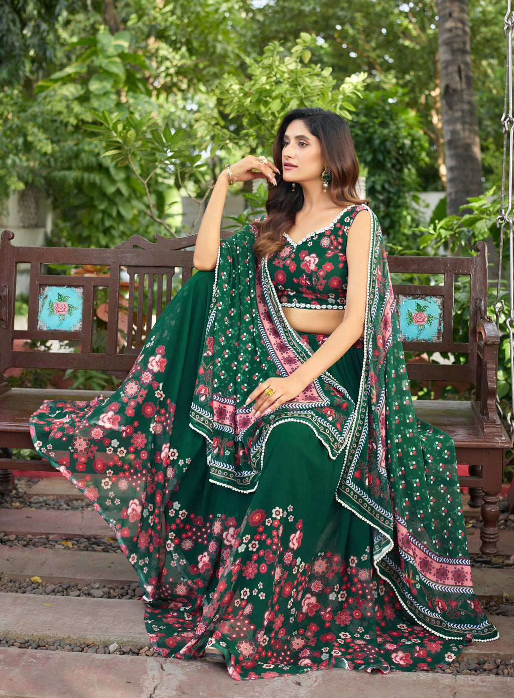 Lorenvalley Fashion Green Georgette Digital Printed Lehenga Choli with Dupatta