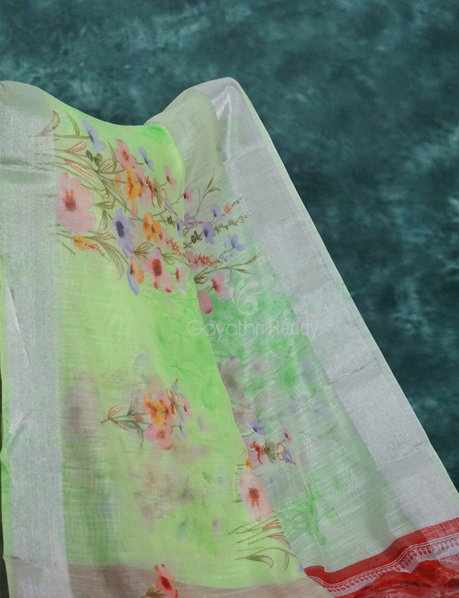 Baby Apple Green Colour Floral Printed Semi Chanderi Saree By Gayathri Reddy Designer Studio