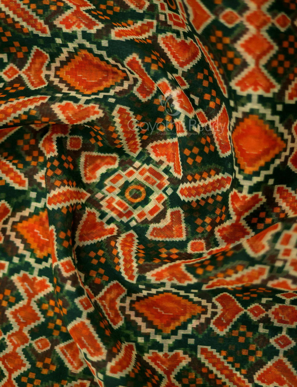 Shades of Dark Green And Orange Colour Patola Print Semi Chanderi Saree By Gayathri Reddy Designer Studio