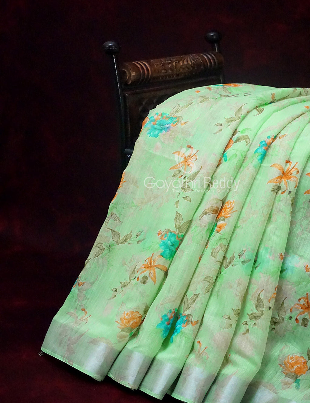 Shades of Apple Green With Turquoise Green Blouse Floral Design Semi Chanderi Saree By Gayathri Reddy Designer Studio