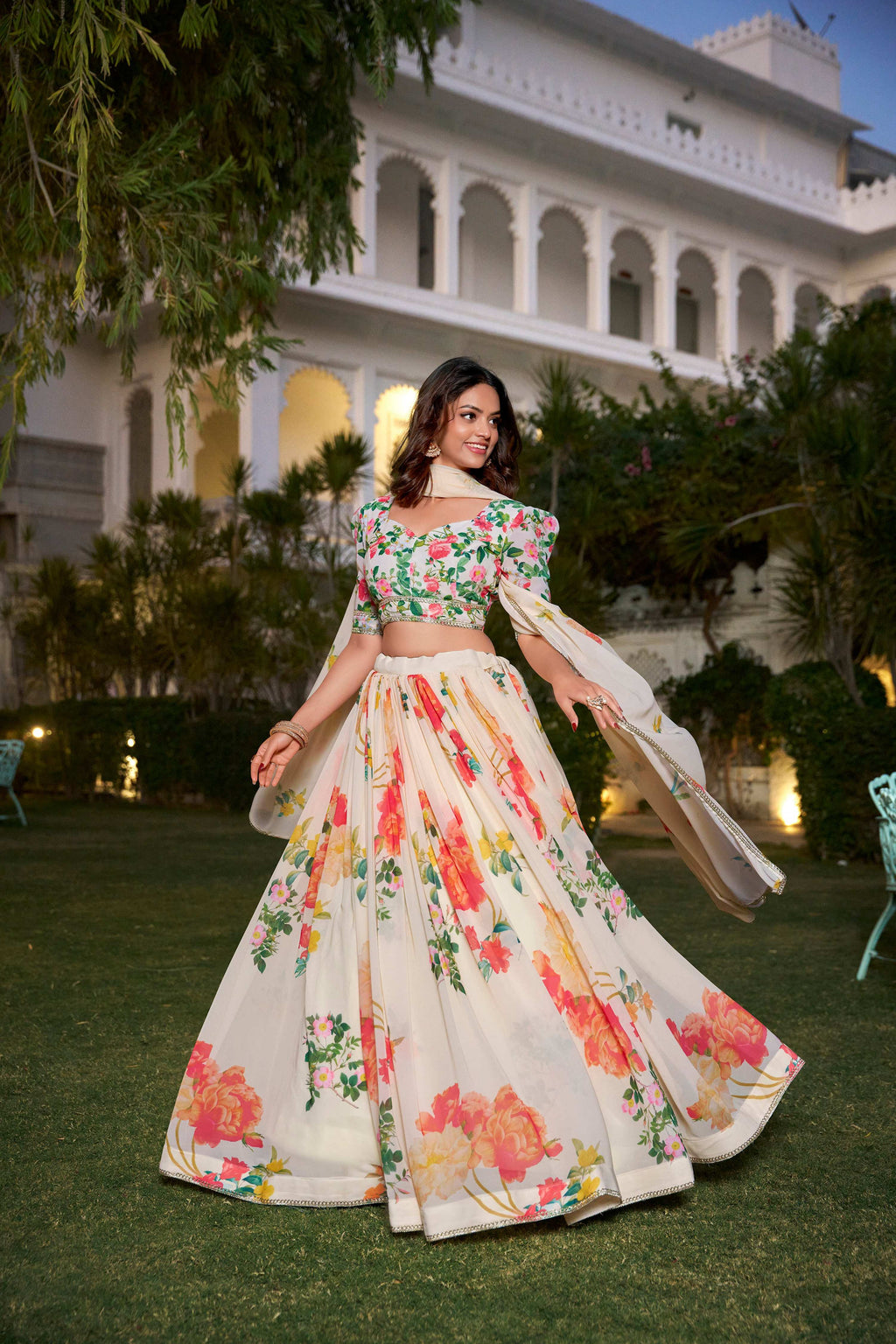 Lorenvalley Fashion Cream Georgette Floral Print With Lace Border Lehenga Choli with Dupatta