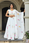 Lorenvalley Fashion White Georgette with Hand-painted Floral Design Lehenga Choli with Dupatta