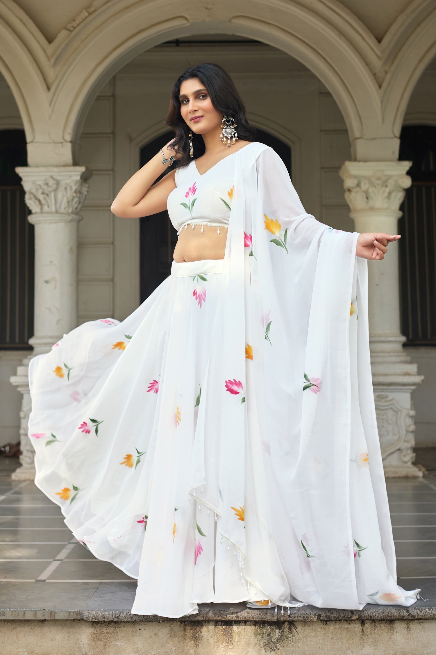 Lorenvalley Fashion White Georgette with Hand-painted Floral Design Lehenga Choli with Dupatta