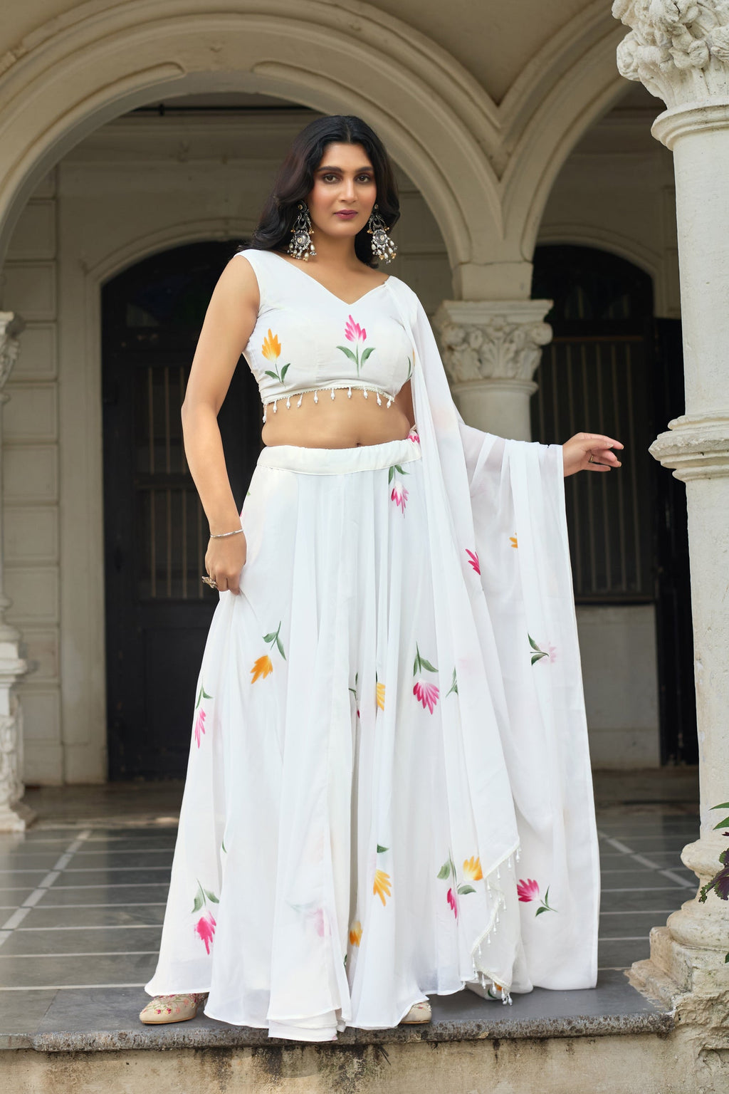 Lorenvalley Fashion White Georgette with Hand-painted Floral Design Lehenga Choli with Dupatta