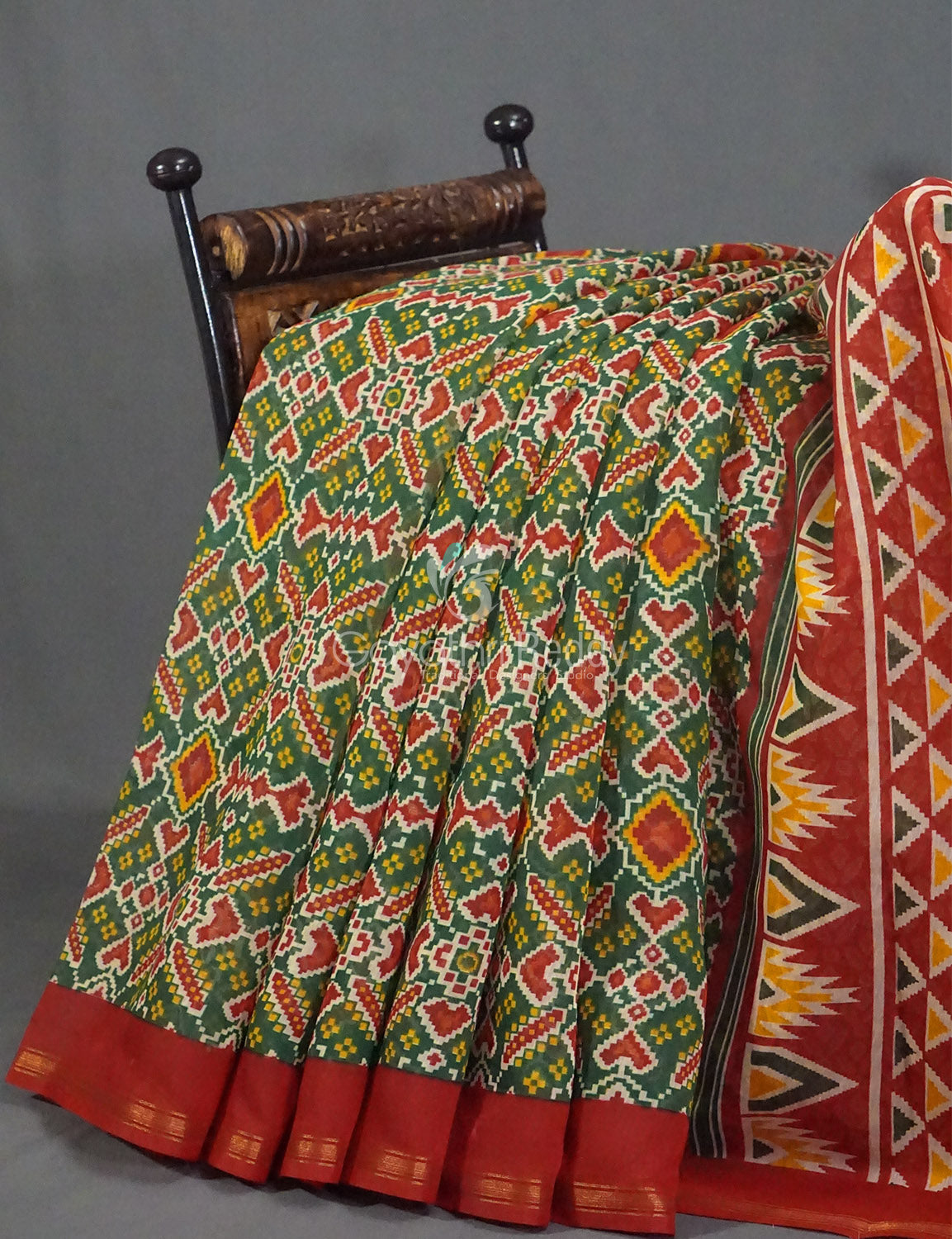 Dark Leaf Green And Red Colour Patola Print Semi Chanderi Saree By Gayathri Reddy Designer Studio