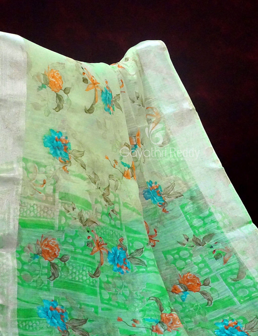 Shades of Apple Green With Turquoise Green Blouse Floral Design Semi Chanderi Saree By Gayathri Reddy Designer Studio