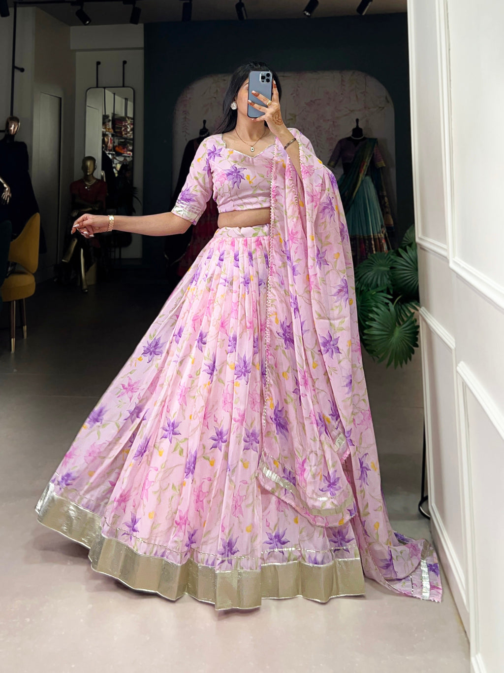 Lorenvalley Pink Tabby Silk Floral Print With Lace Touch Up Lehenga Choli with Dupatta