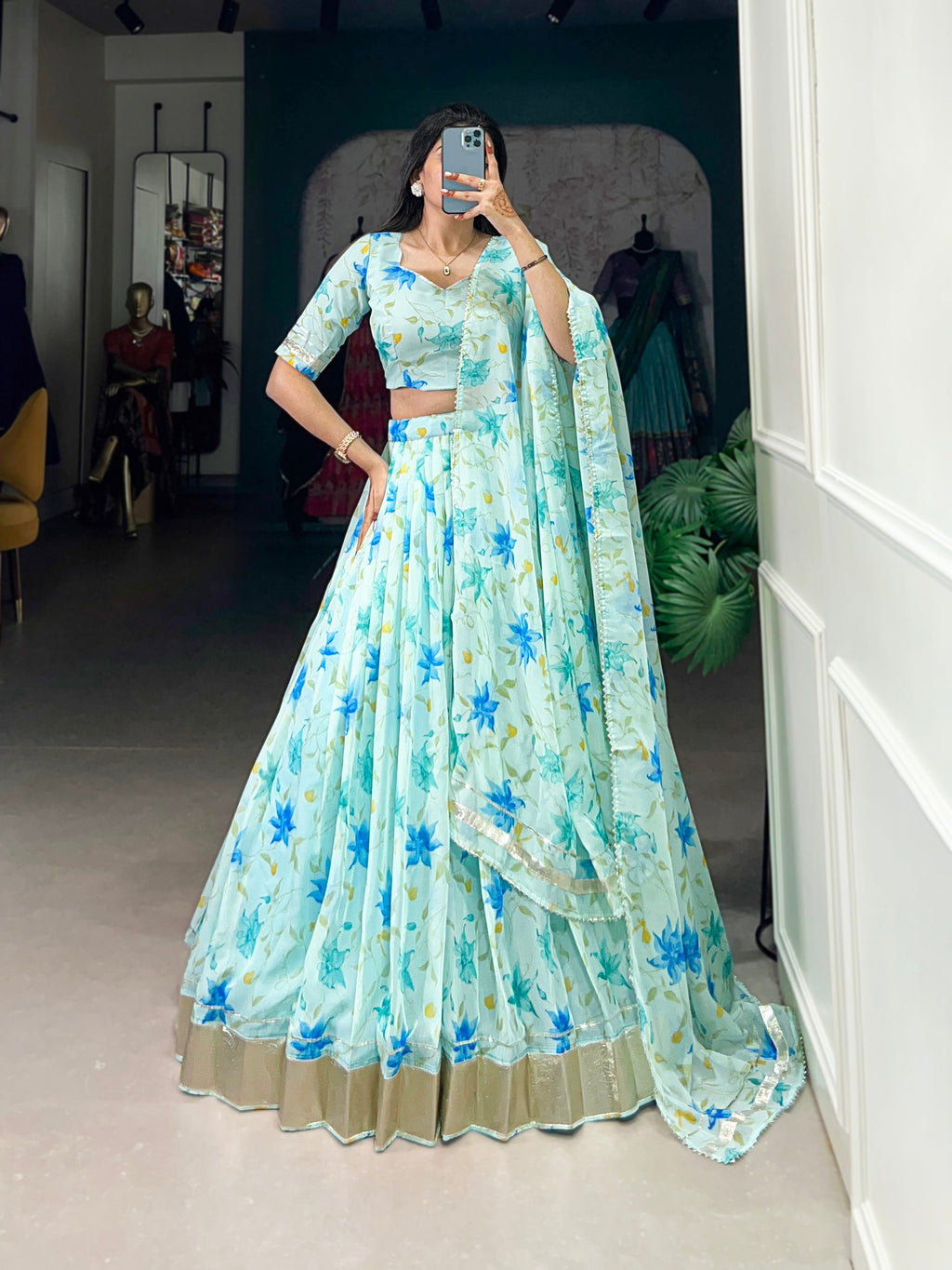 Lorenvalley Pista Tabby Silk Floral Print With Lace Touch Up Lehenga Choli with Dupatta