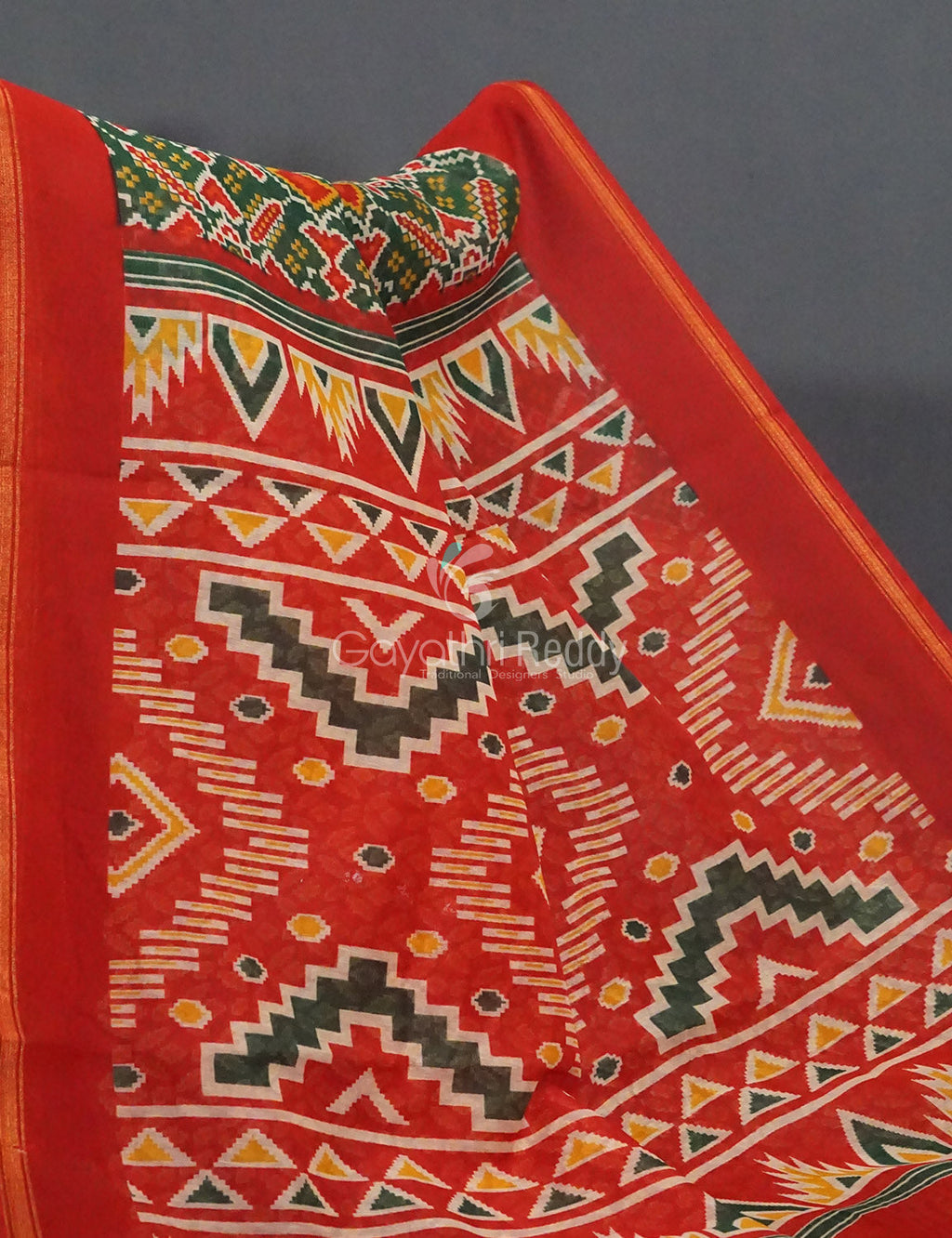 Dark Leaf Green And Red Colour Patola Print Semi Chanderi Saree By Gayathri Reddy Designer Studio