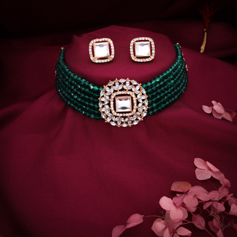 Tehzeeb Creations Brass Gold-Polished Gold, Green, White Jewel Set  
