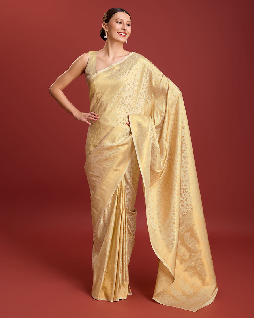 Monjolika Fashion Elegant Kanjivaram Traditional Indian Attire In Golden Beige Color Silk Saree