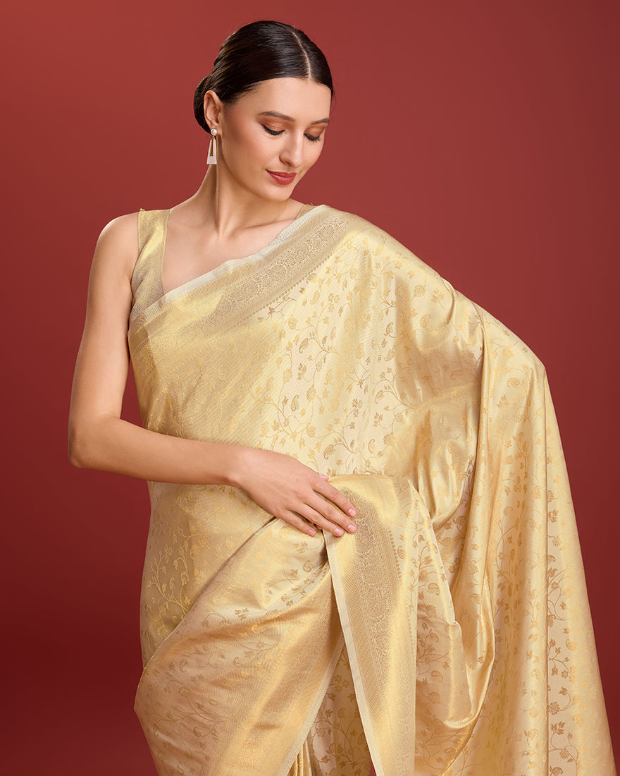 Monjolika Fashion Elegant Kanjivaram Traditional Indian Attire In Golden Beige Color Silk Saree