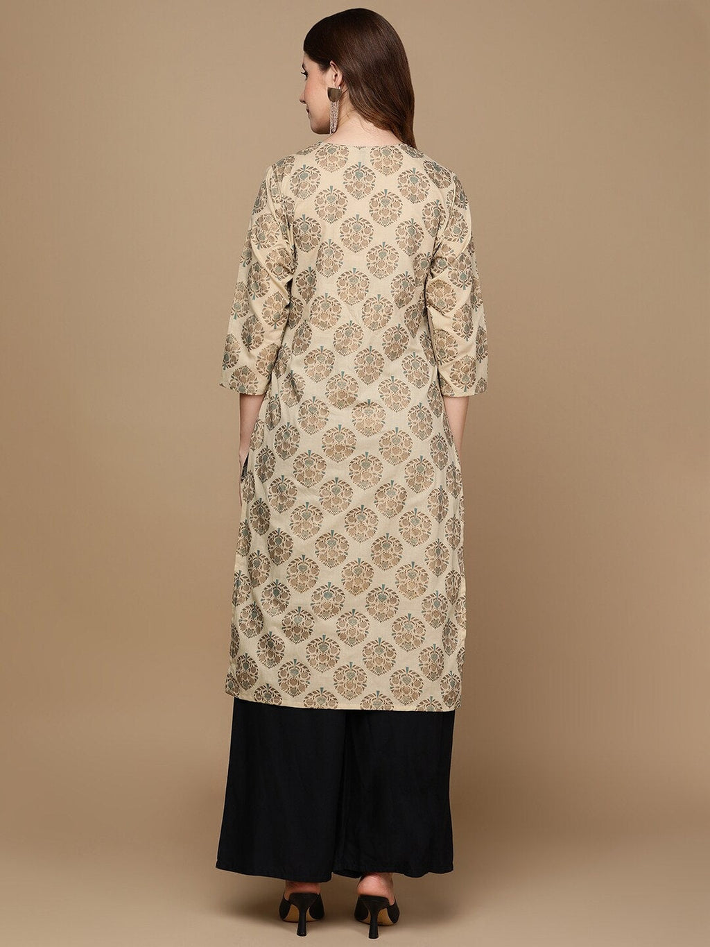 HERE&NOW Beige & Brown Ethnic Motifs Embroidered Pure Cotton Straight Kurta