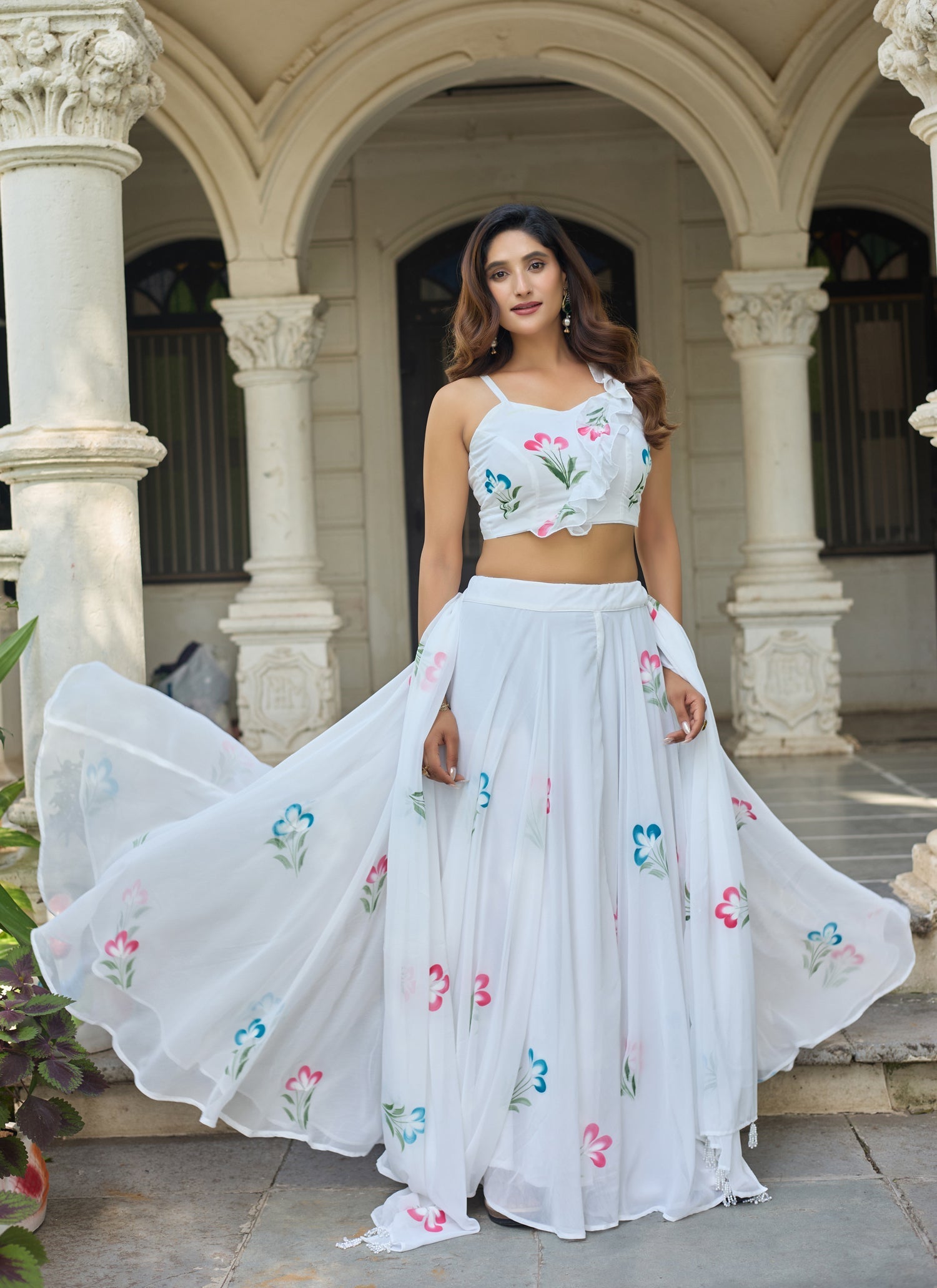 Lorenvalley Fashion White Georgette with Hand-painted Floral Design Lehenga Choli with Dupatta