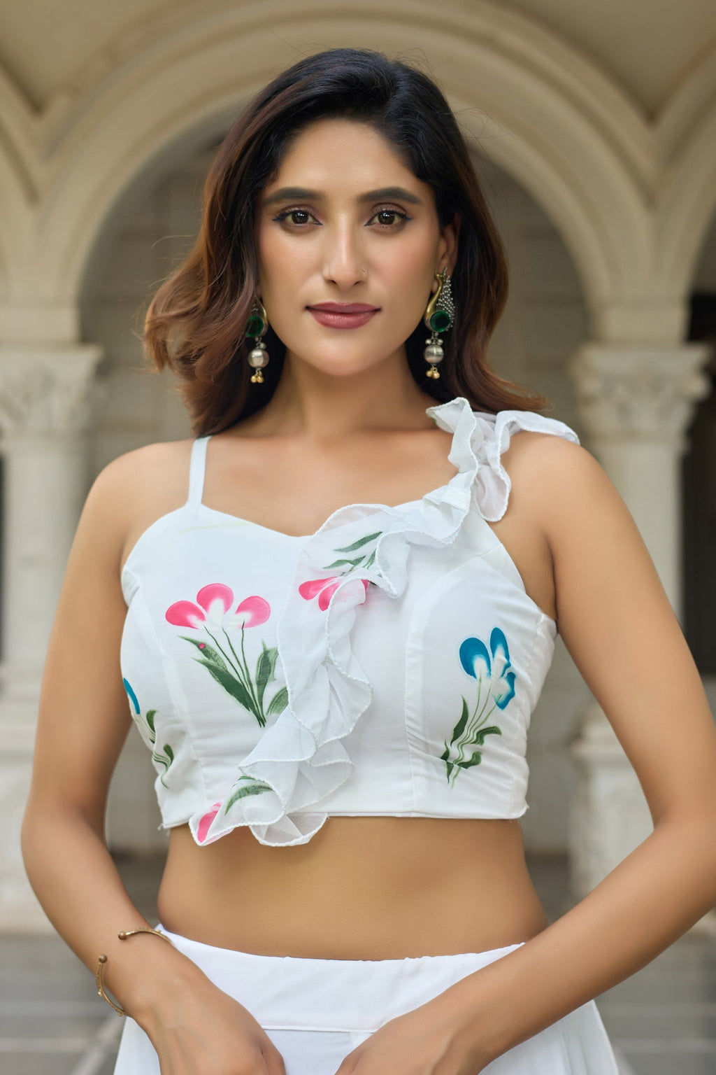 Lorenvalley Fashion White Georgette with Hand-painted Floral Design Lehenga Choli with Dupatta