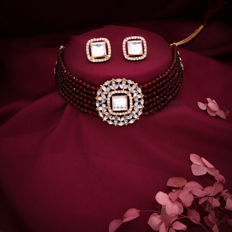 Tehzeeb Creations Brass Gold-Polished Gold, Maroon, White Jewel Set  