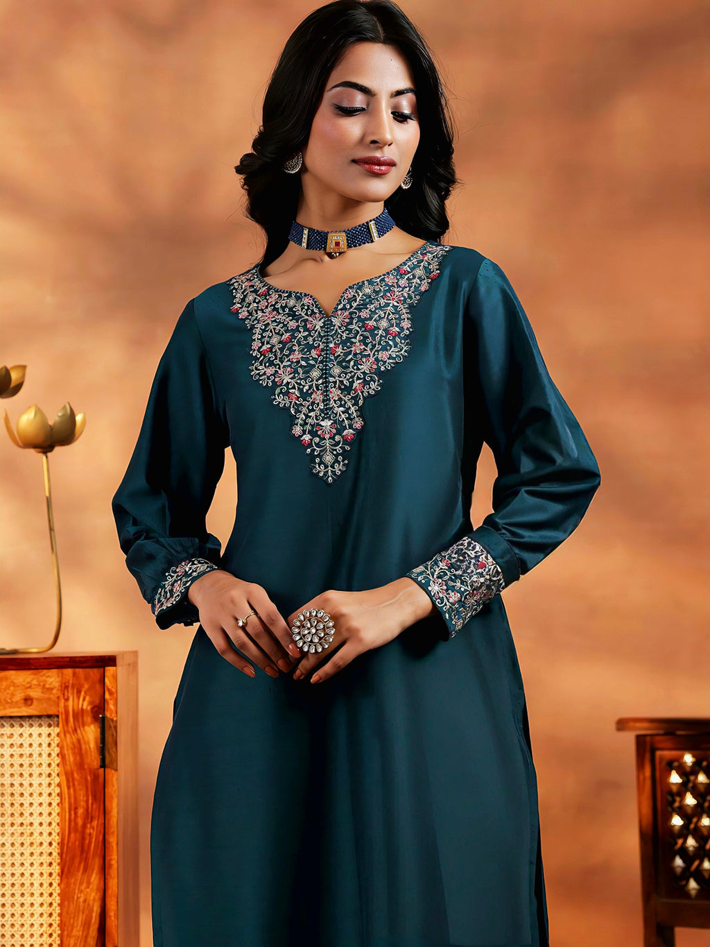 Vegaa Fashion Rama Mustard Vichitra Silk Embroidered Salwar Suit