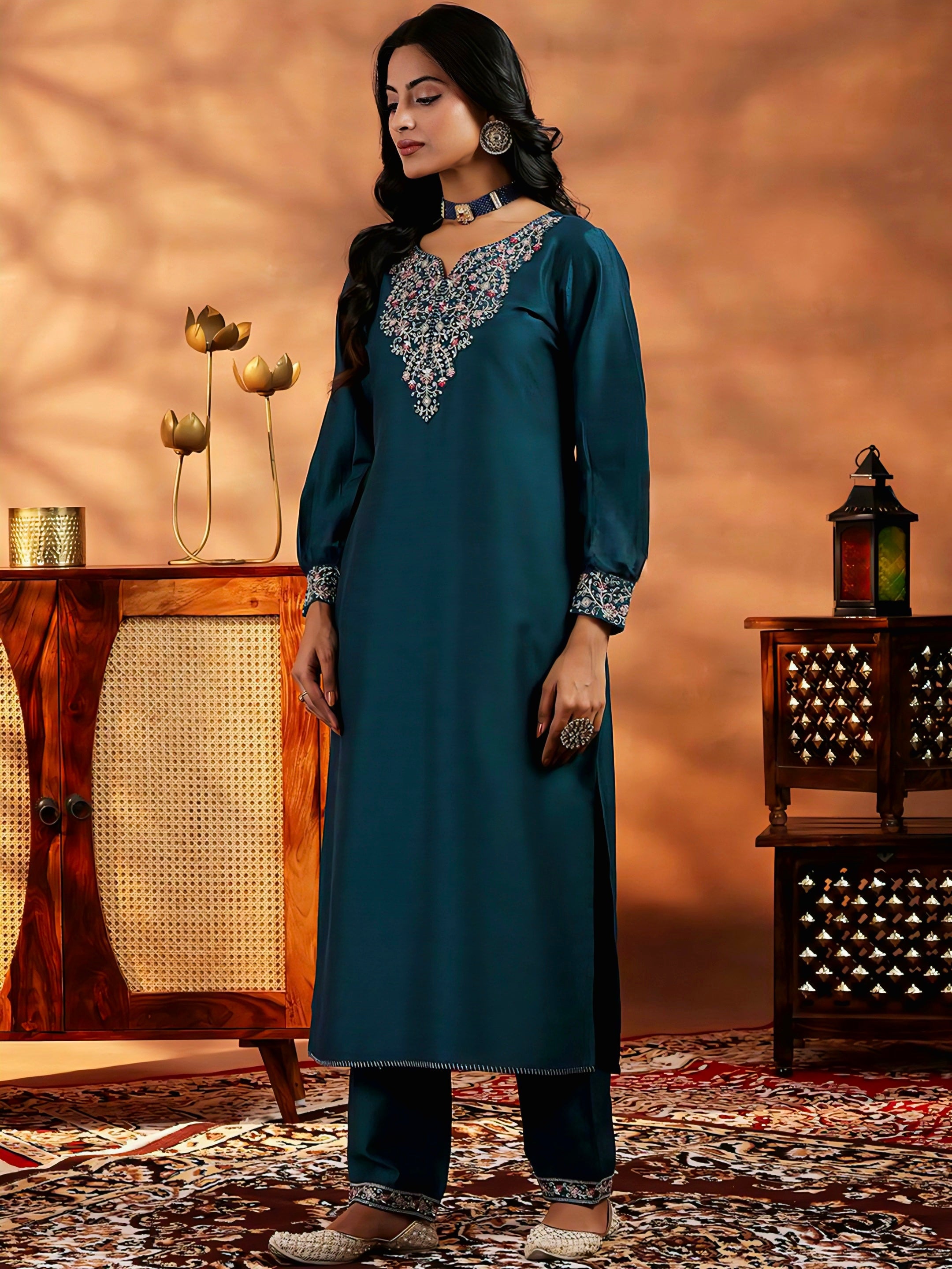 Vegaa Fashion Rama Mustard Vichitra Silk Embroidered Salwar Suit