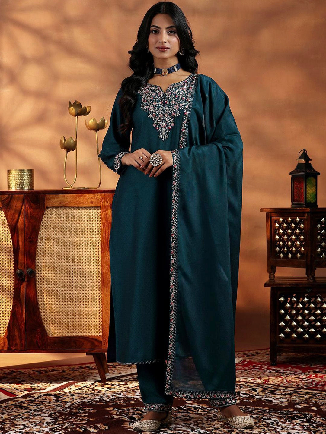 Vegaa Fashion Rama Mustard Vichitra Silk Embroidered Salwar Suit