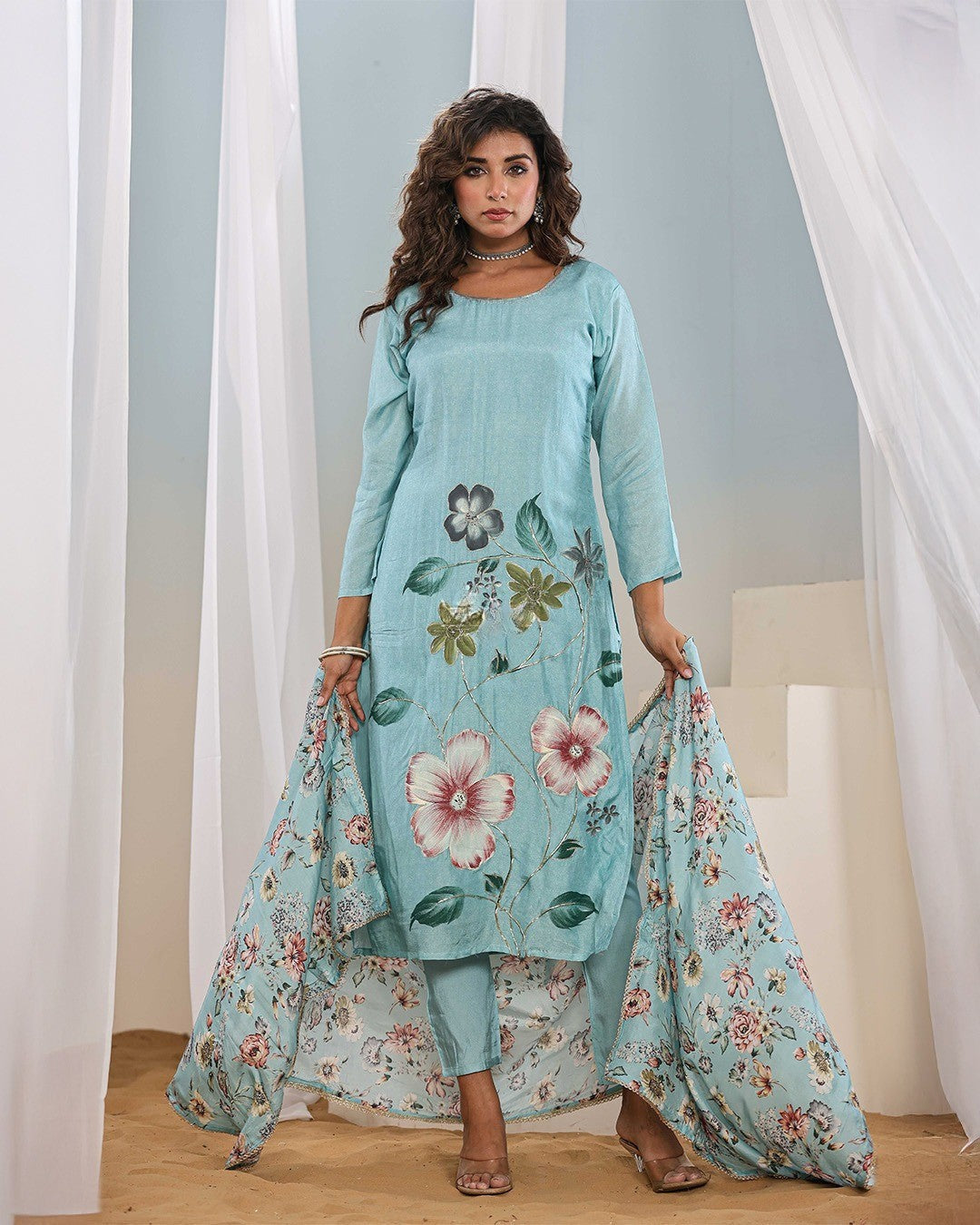 Vegaa Fashion Sky Blue Franch Crab Printed Salwar Suit