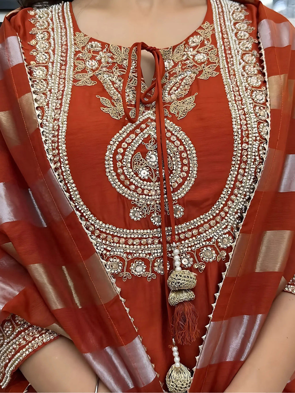 Vegaa Fashion Orange Chanderi Silk Embroidered Salwar Suit