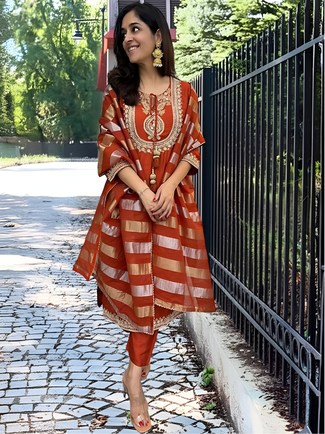 Vegaa Fashion Orange Chanderi Silk Embroidered Salwar Suit