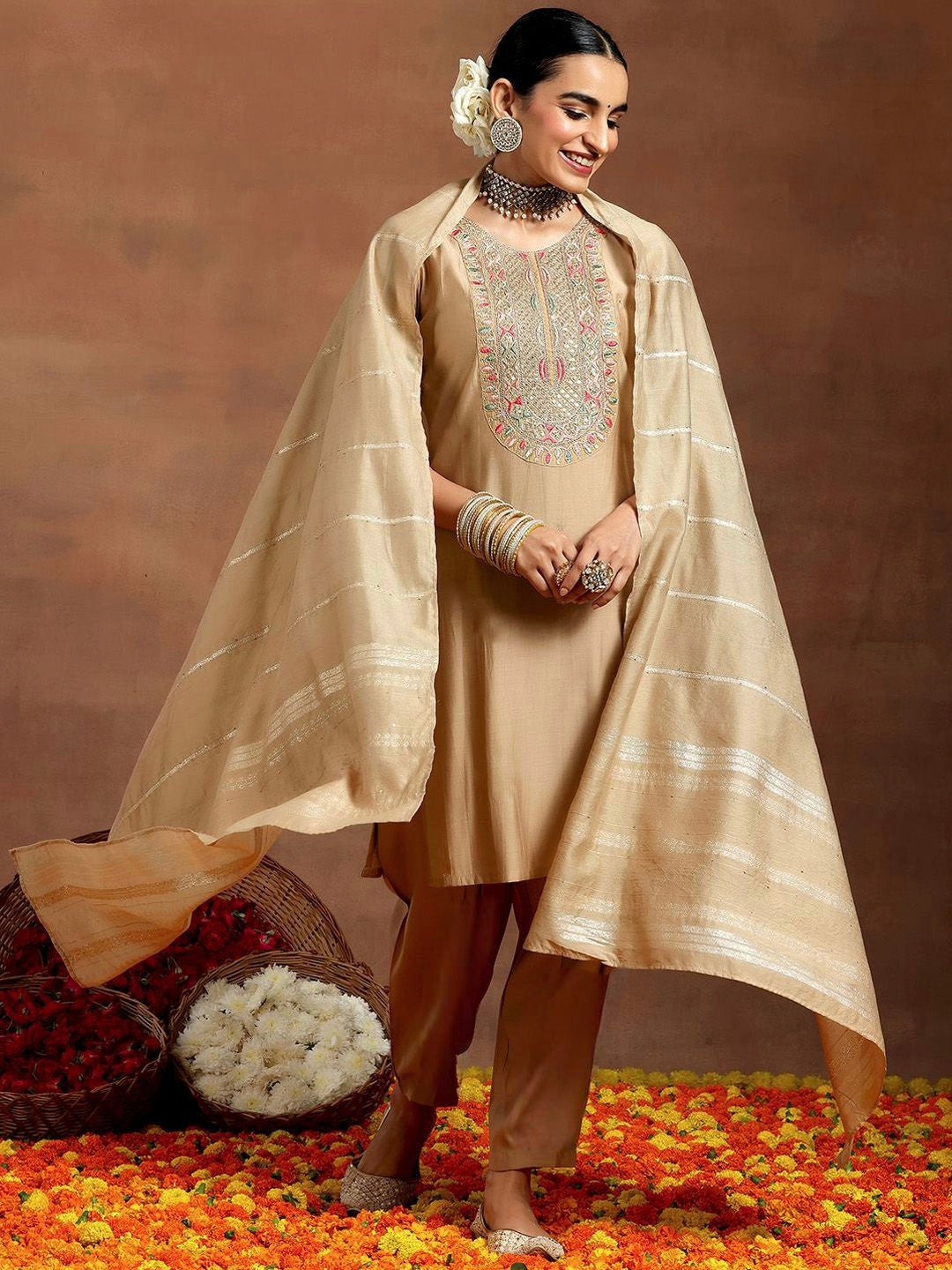 Vegaa Fashion Cream Chanderi Silk Embroidered Salwar Suit