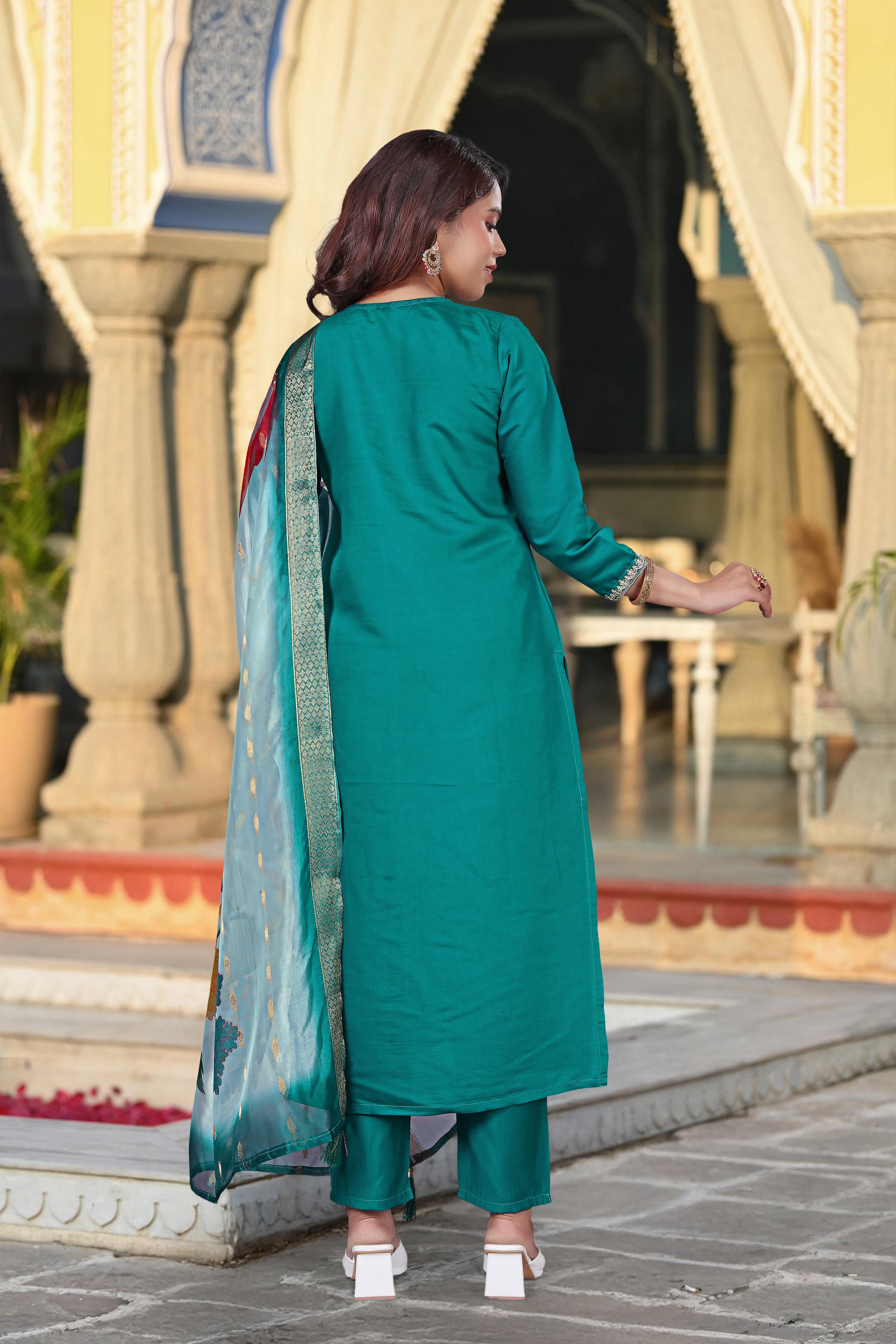 Vegaa Fashion Turqiouse Chanderi Silk Embroidered Salwar Suit