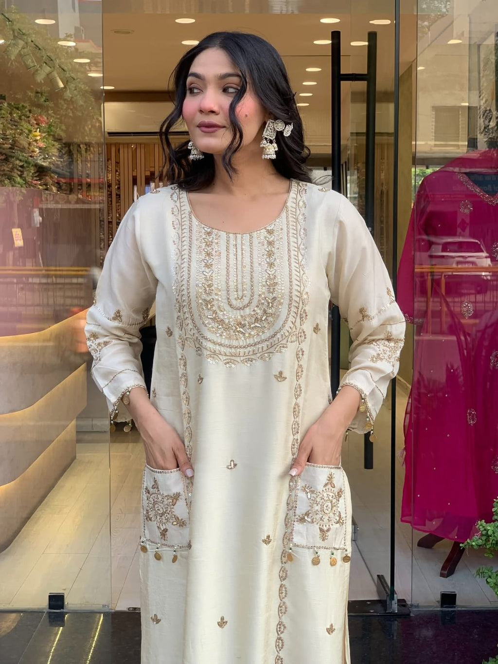 Vegaa Fashion Off White Art Silk Embroidered Salwar Suit