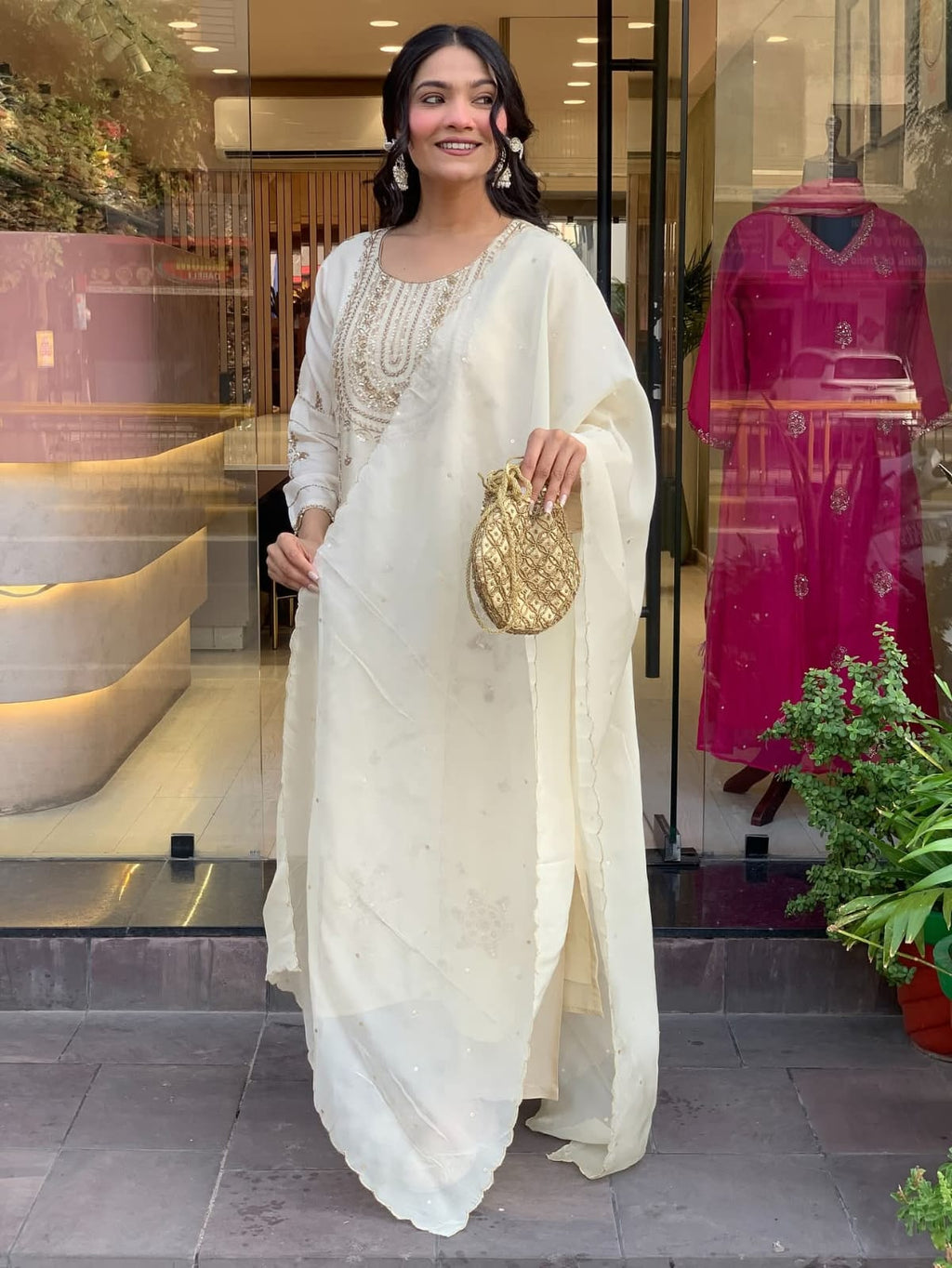 Vegaa Fashion Off White Art Silk Embroidered Salwar Suit