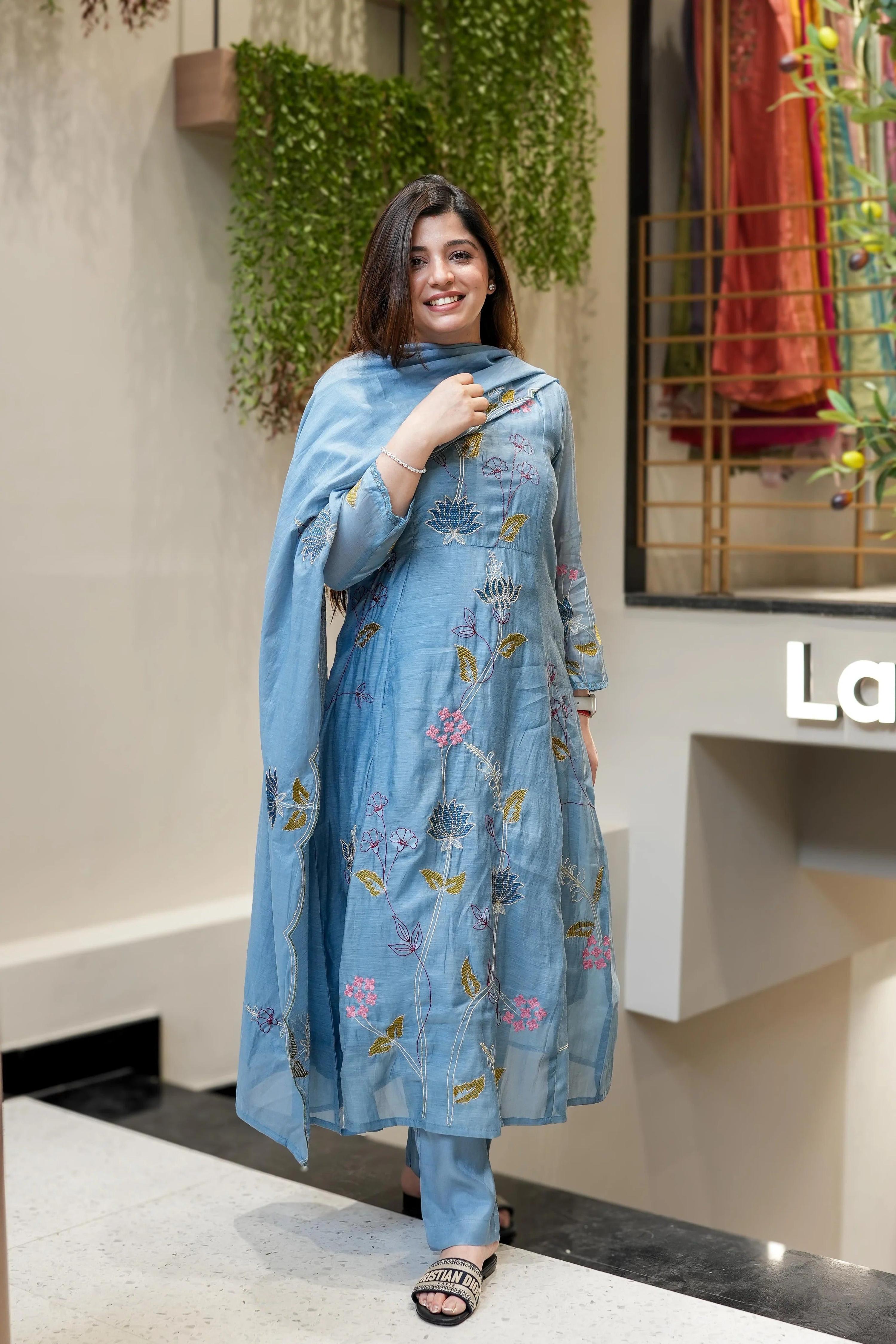 Vegaa Fashion Light Blue Viscose Chanderi Embroidered Salwar Suit