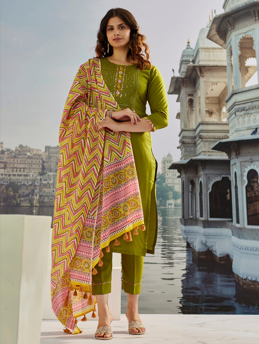 Vegaa Fashion Mahendi Muslin Cotton Embroidered Salwar Suit