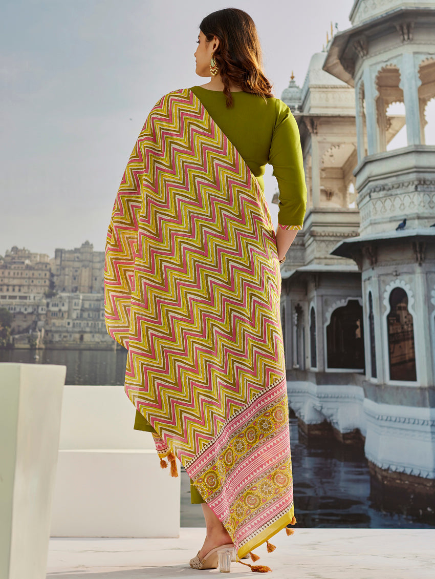 Vegaa Fashion Mahendi Muslin Cotton Embroidered Salwar Suit