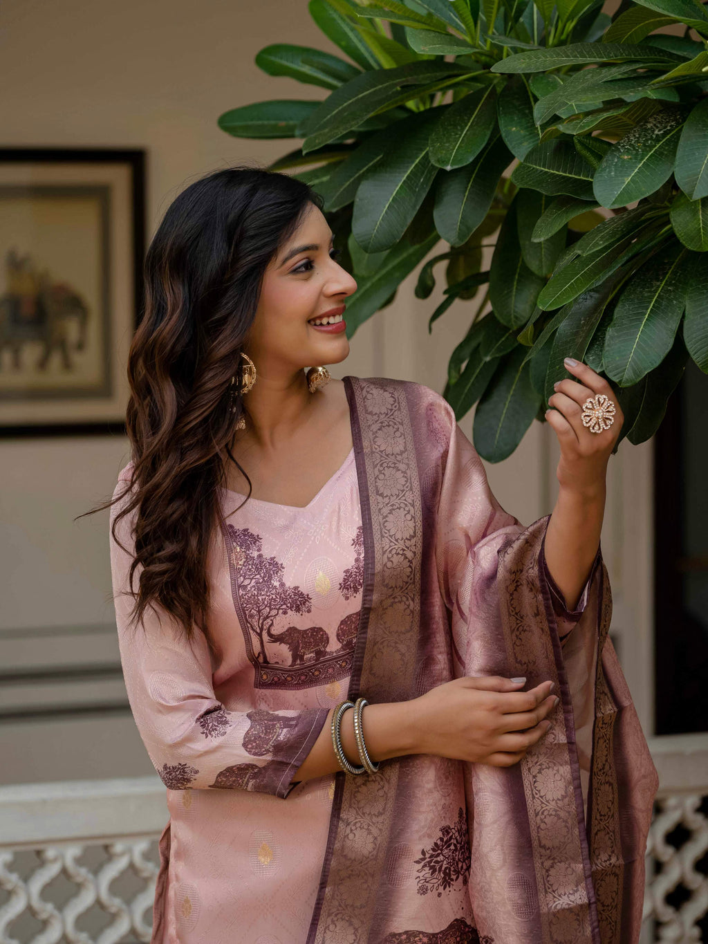 Vegaa Fashion Light Peach Jacquard Silk Printed Salwar Suit
