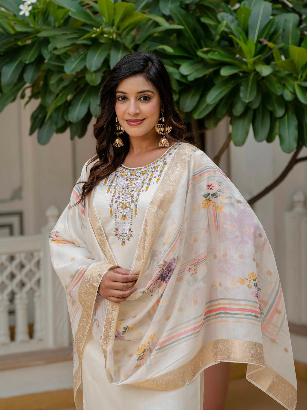 Vegaa Fashion Off White Roman Silk Embroidered Salwar Suit