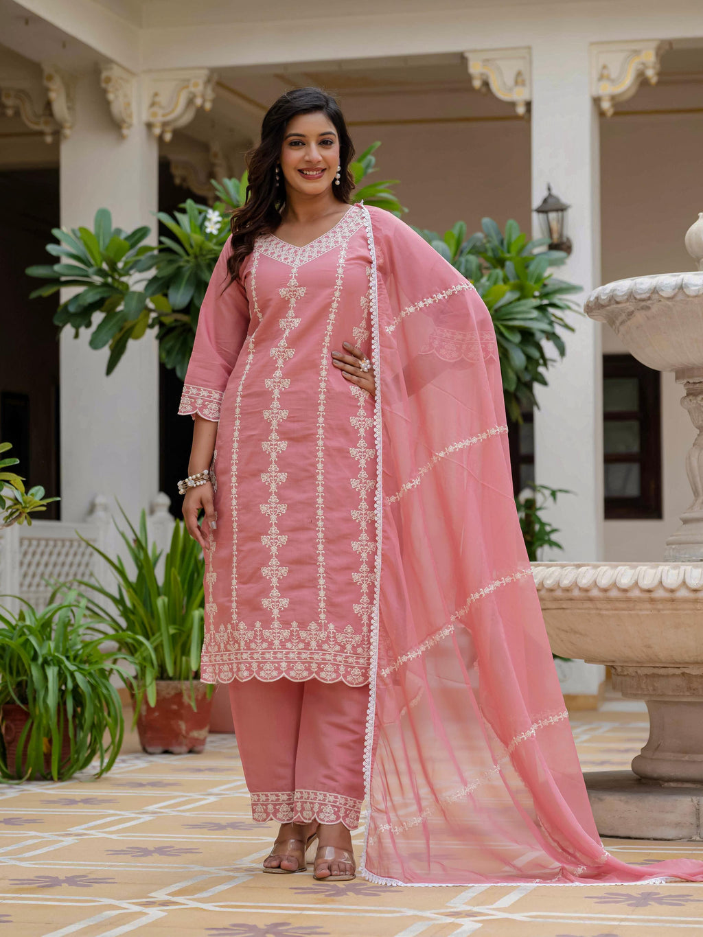 Vegaa Fashion Light Pink Roman Silk Embroidered Salwar Suit