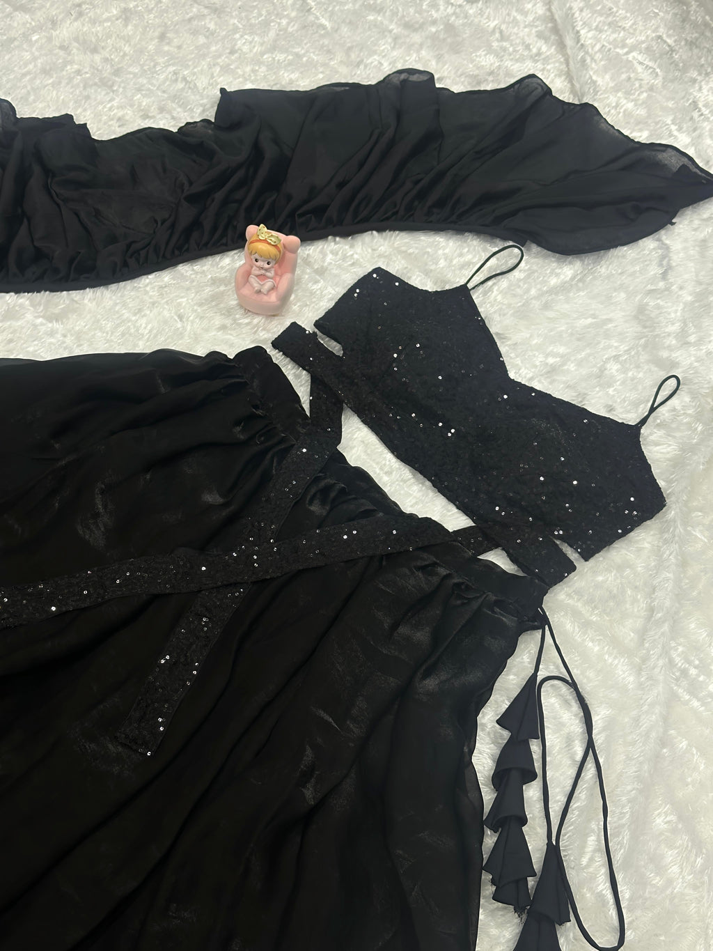 Lorenvalley Fashion Black Fendy Satin crush with Plain Lehenga Choli with Dupatta