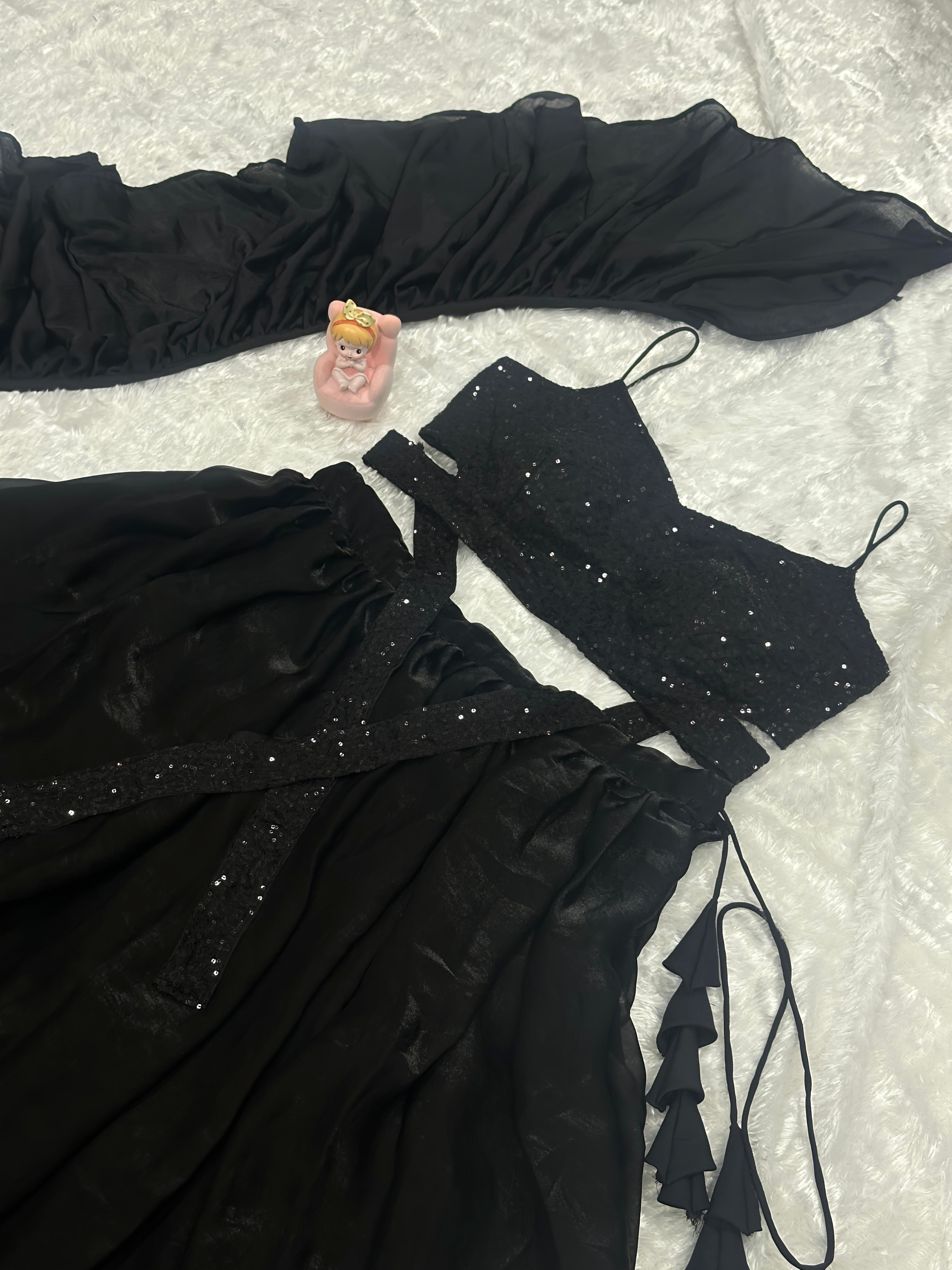 Lorenvalley Fashion Black Fendy Satin crush with Plain Lehenga Choli with Dupatta