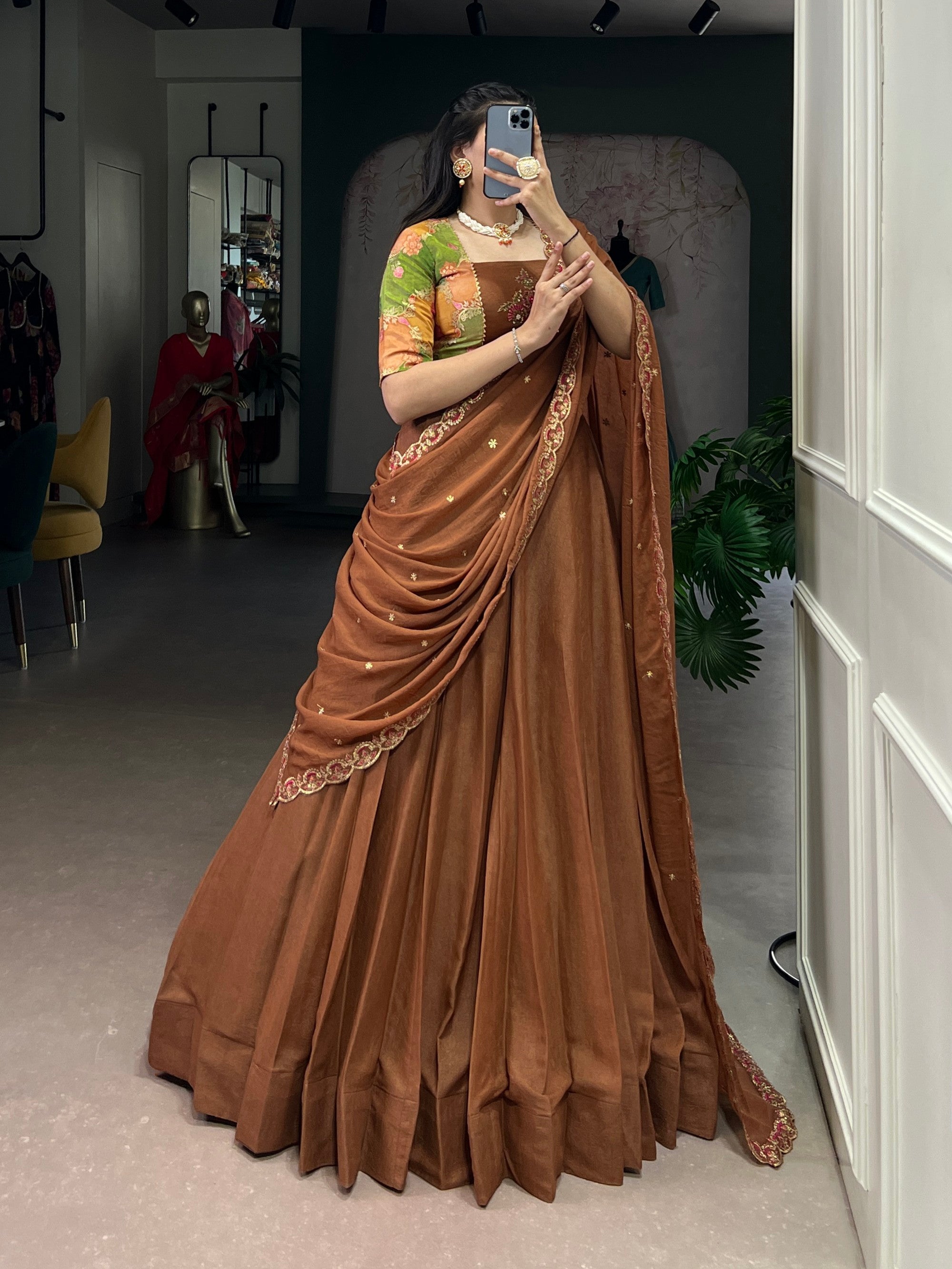 Lorenvalley Fashion Brown Crushed Silk Plain Lehenga Choli with Dupatta