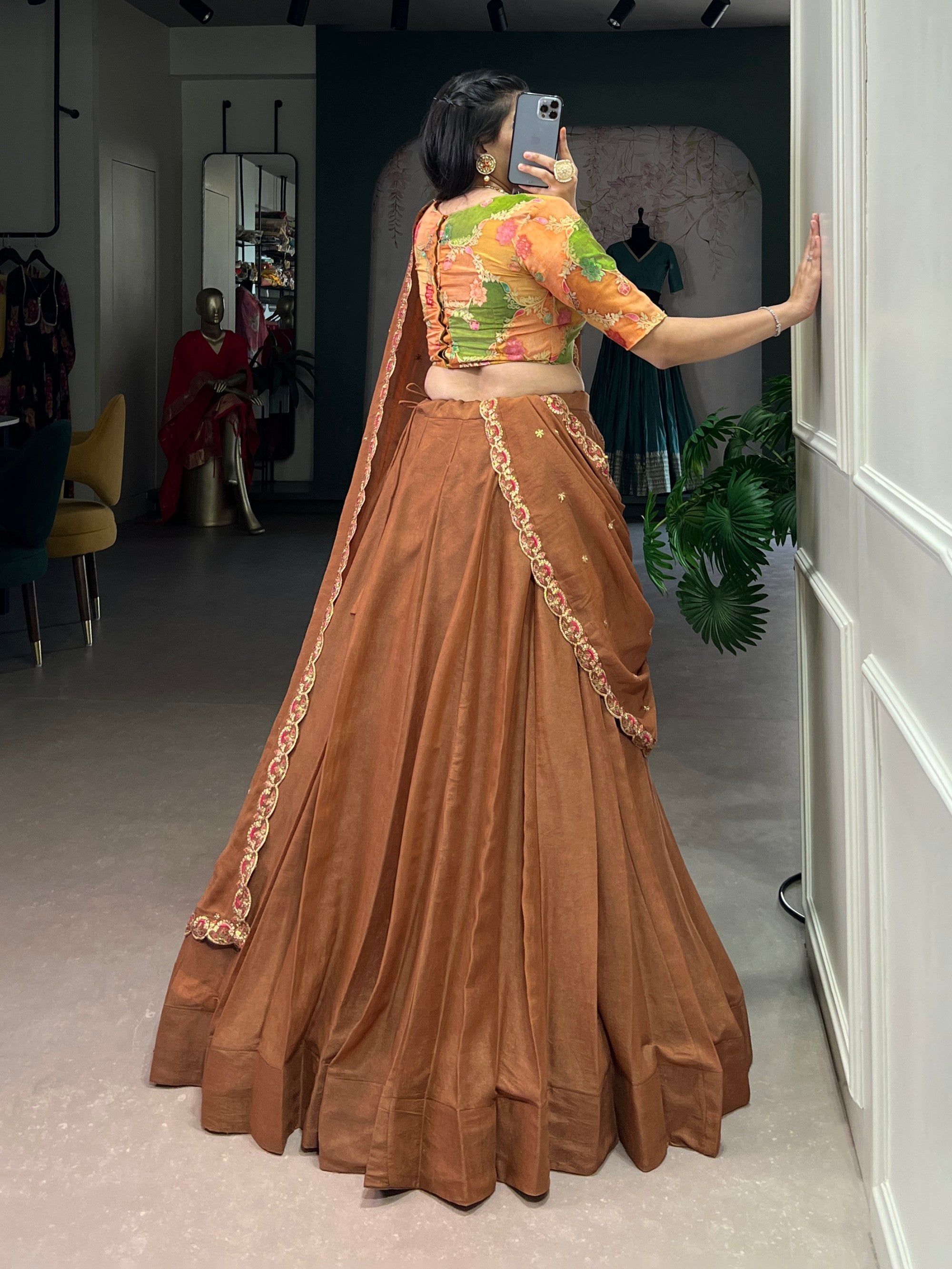 Lorenvalley Fashion Brown Crushed Silk Plain Lehenga Choli with Dupatta