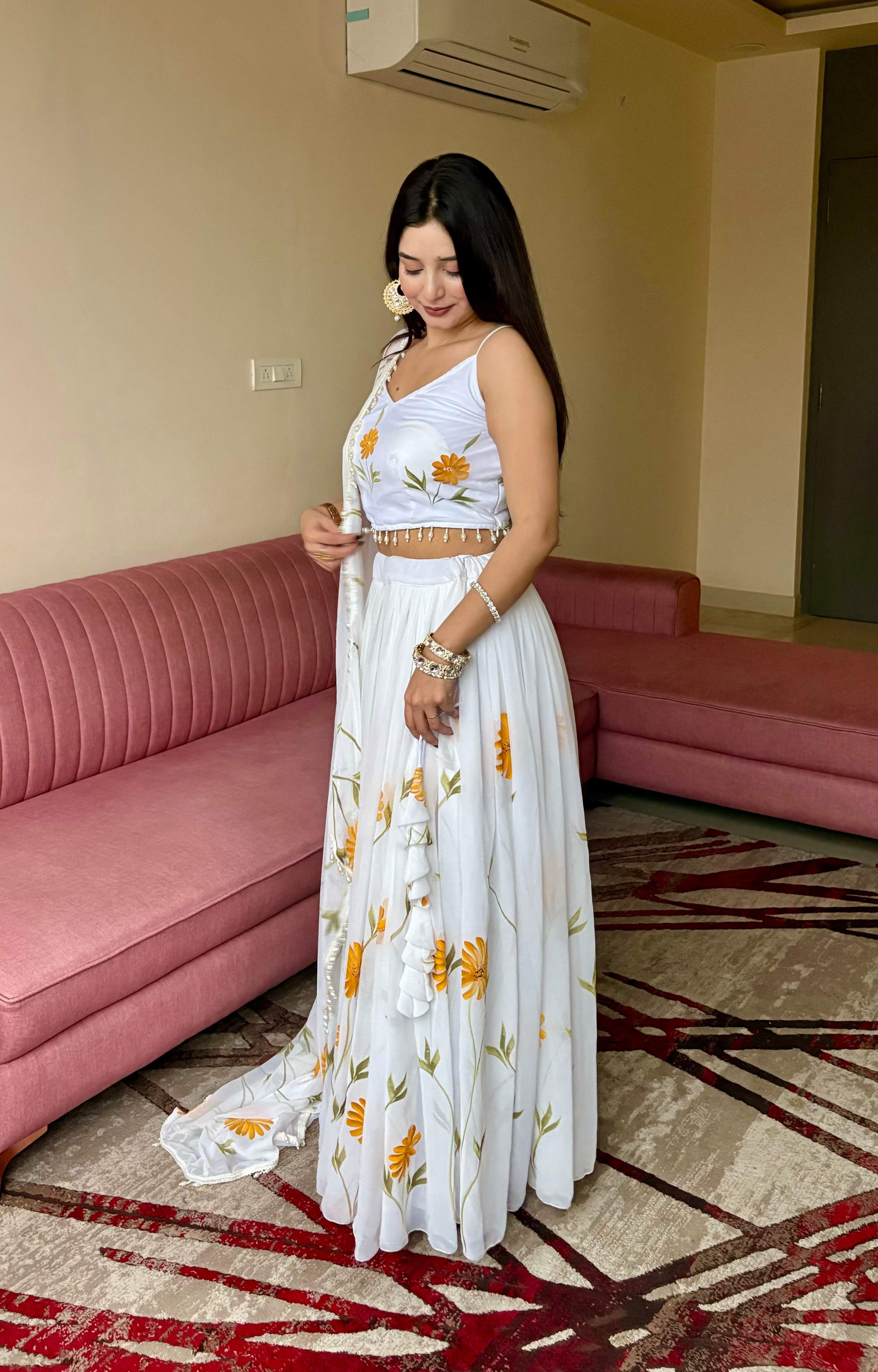 Lorenvalley Fashion White Organza with Hand-painted Floral Design Lehenga Choli with Dupatta