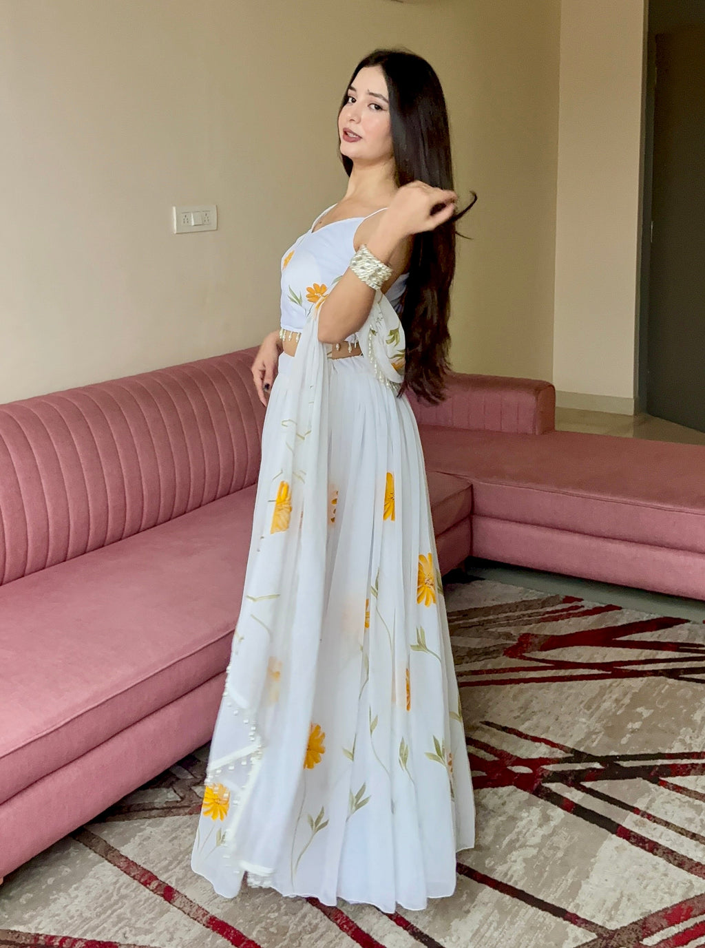 Lorenvalley Fashion White Organza with Hand-painted Floral Design Lehenga Choli with Dupatta