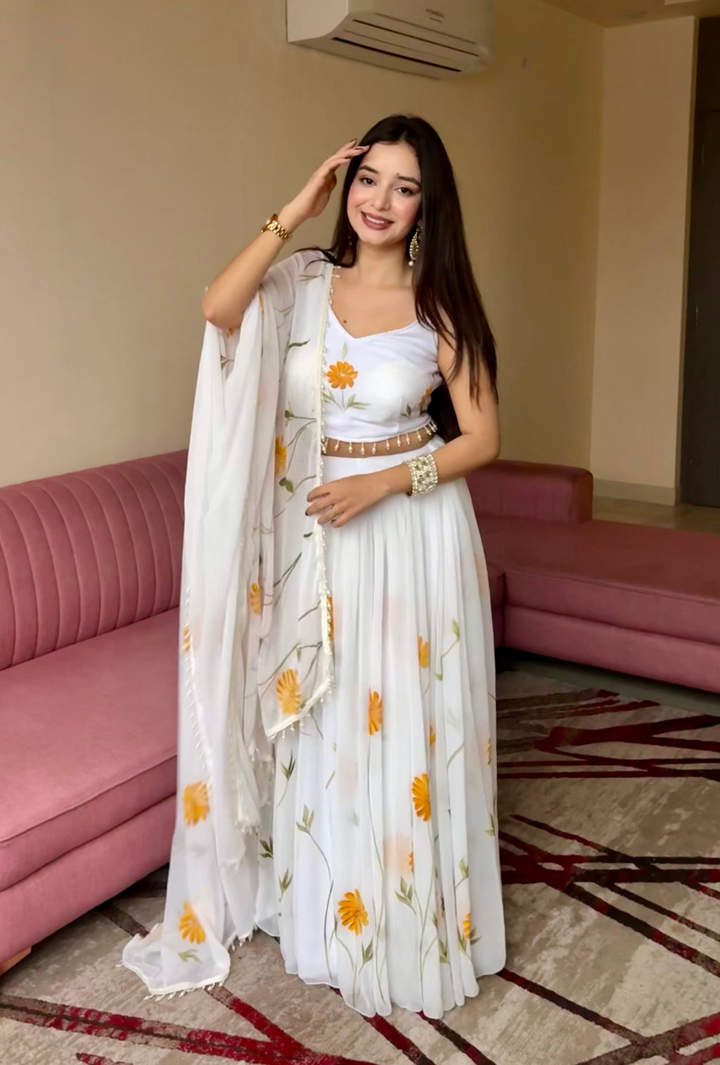 Lorenvalley Fashion White Organza with Hand-painted Floral Design Lehenga Choli with Dupatta