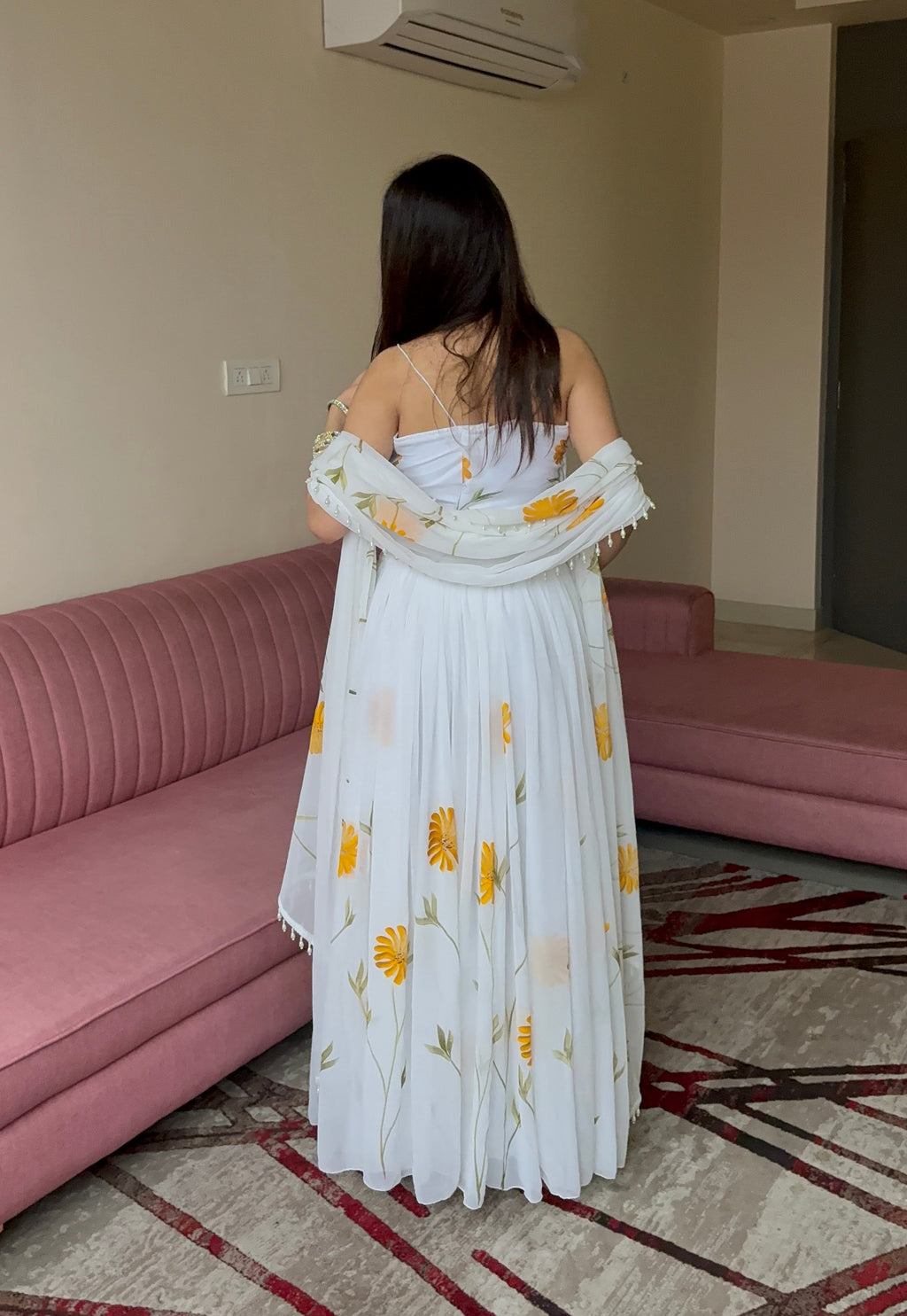Lorenvalley Fashion White Organza with Hand-painted Floral Design Lehenga Choli with Dupatta