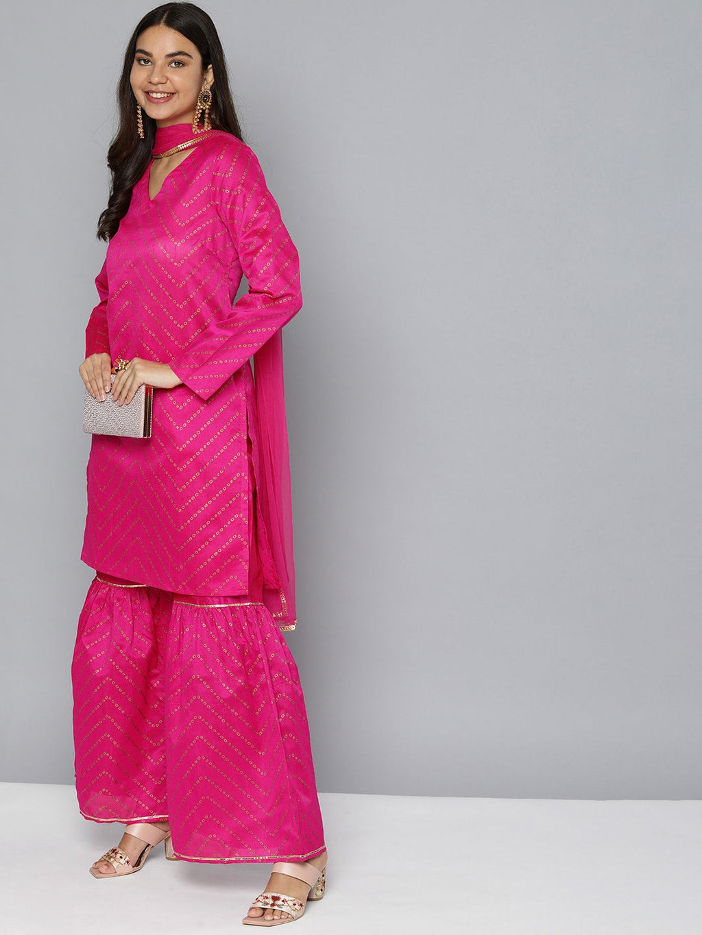 HERE&NOW Women Pink Ethnic Motifs Printed Gotta Patti Kurta with Sharara With Dupatta