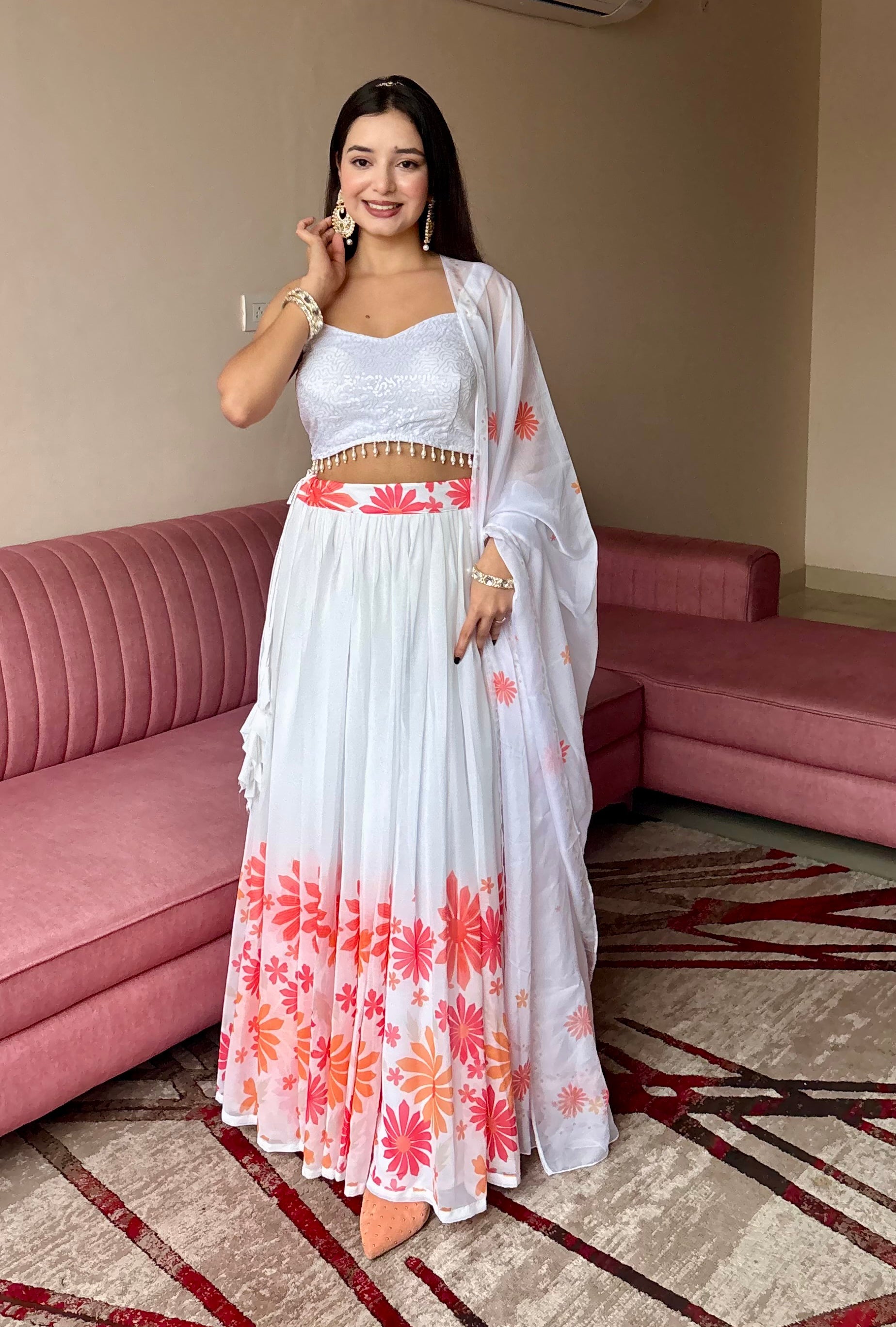 Lorenvalley Fashion White Georgette with Floral Print Design Lehenga Choli with Dupatta