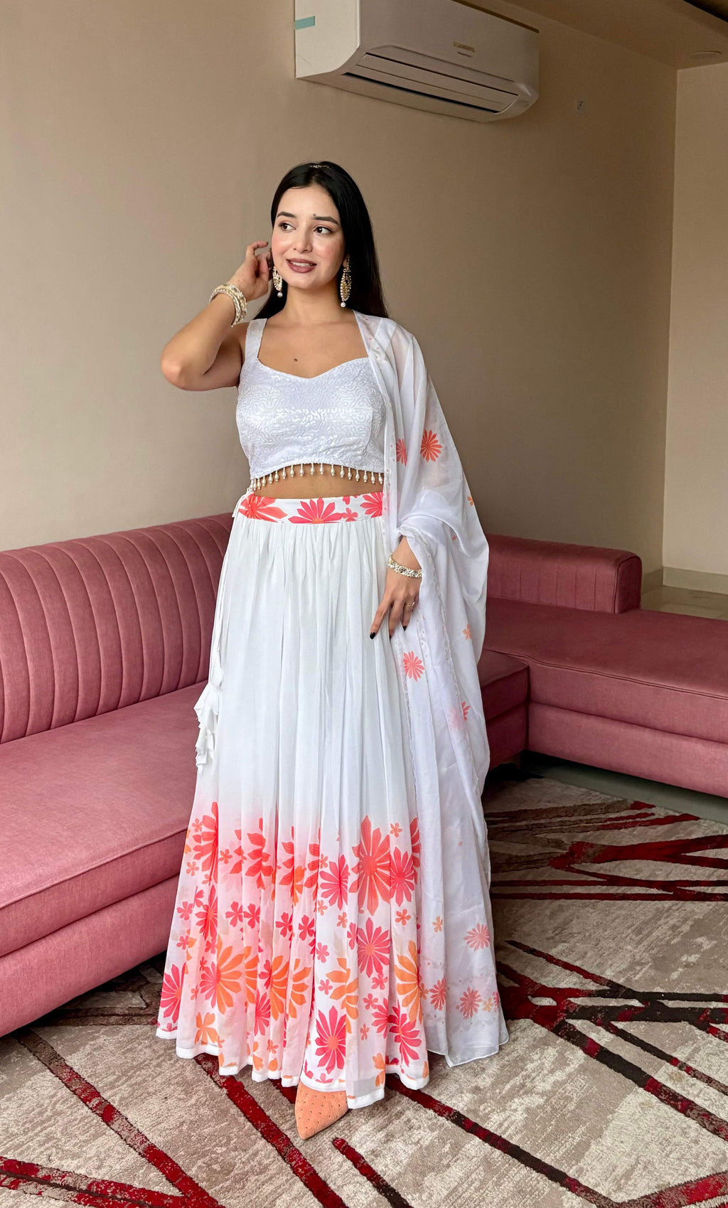 Lorenvalley Fashion White Georgette with Floral Print Design Lehenga Choli with Dupatta