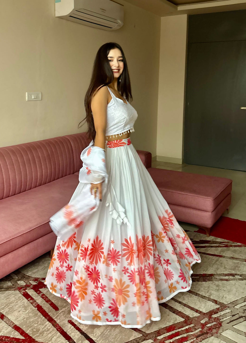 Lorenvalley Fashion White Georgette with Floral Print Design Lehenga Choli with Dupatta